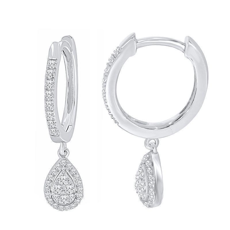 10k White Gold 1/3 Carat T.W. Diamond Cluster Pear-Shape Drop Hoop Earrings, Womens Product Image