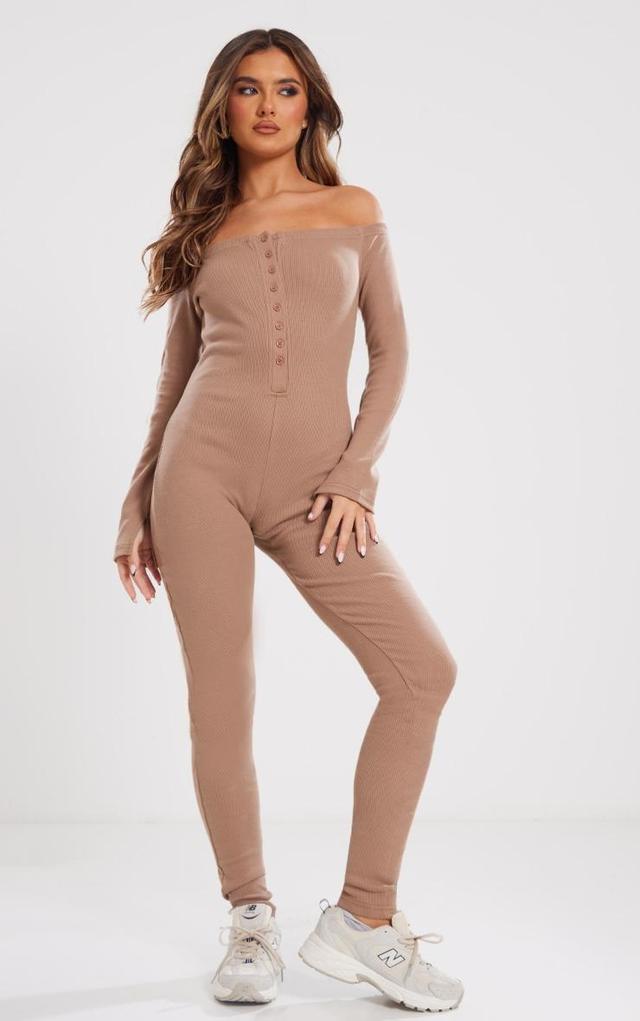  Camel Off The Shoulder Button Front Ribbed Jumpsuit Product Image