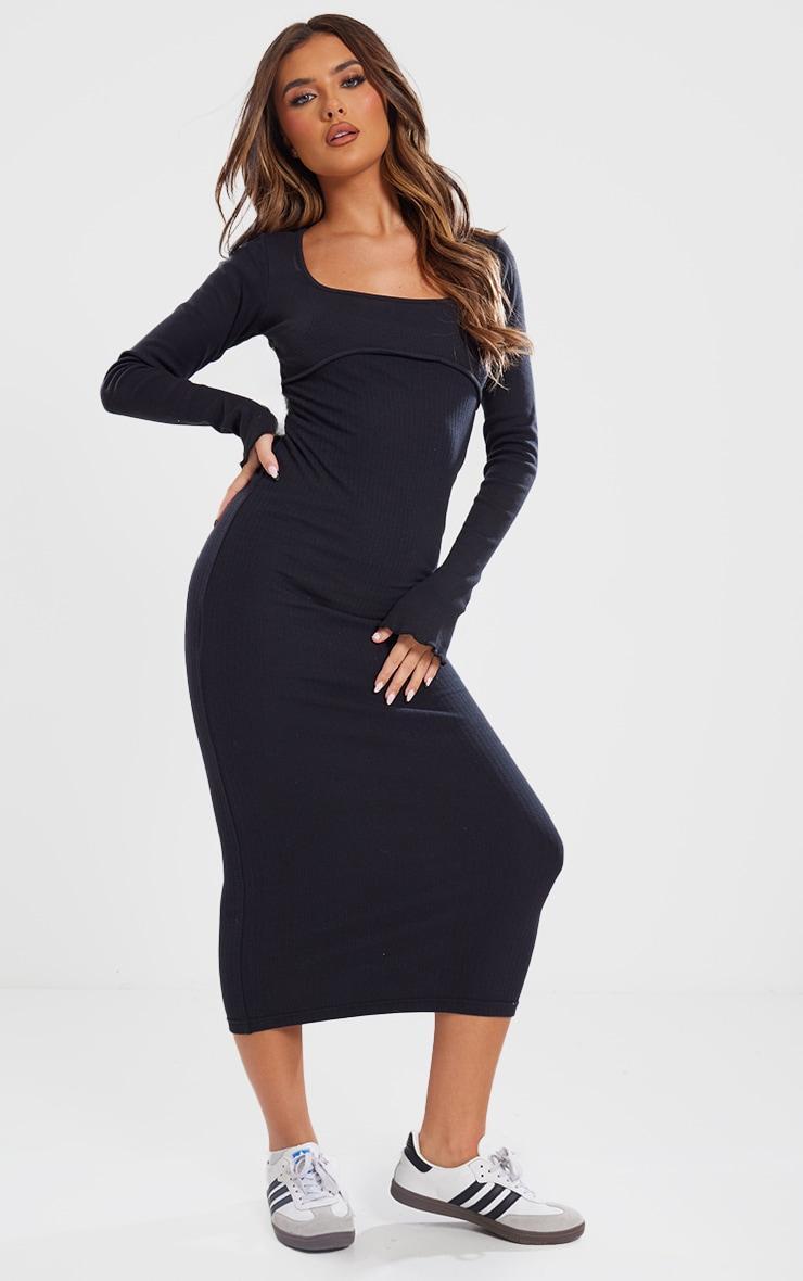 Black Ribbed Seam Detail Long Sleeve Midi Dress Product Image