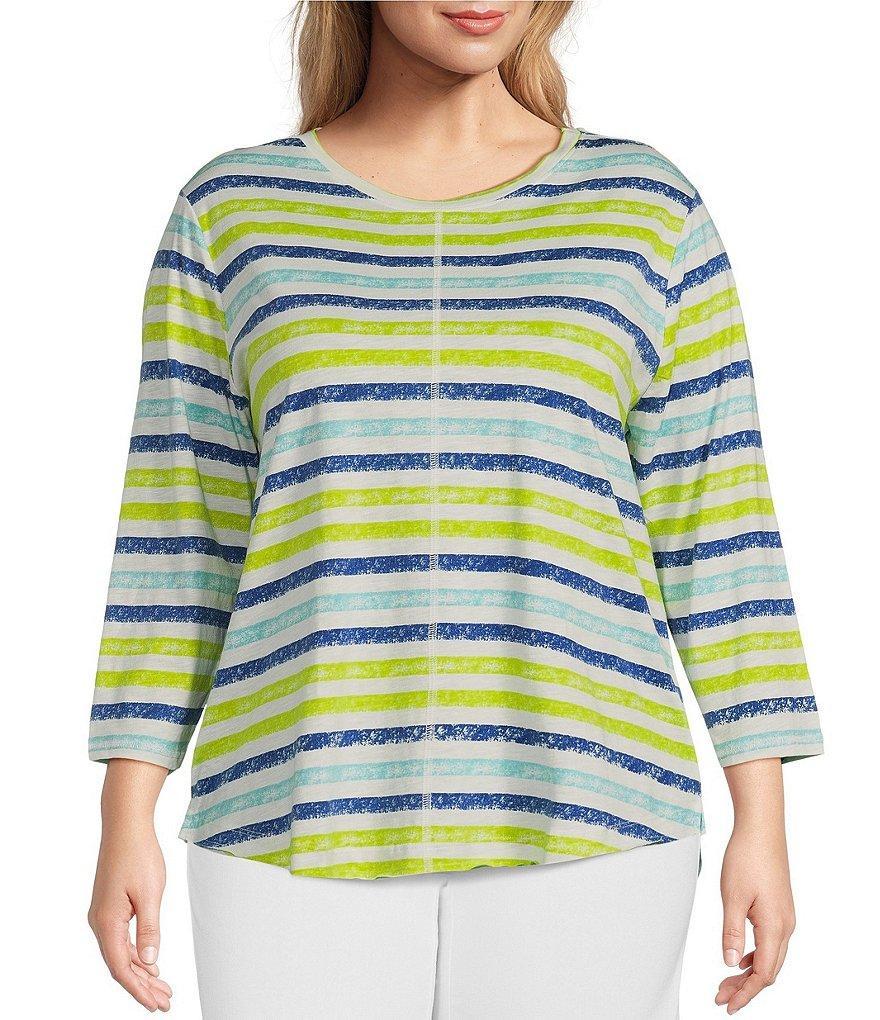 Westbound Plus Size Knit Stripe 3/4 Sleeve Crew Neck Top Product Image