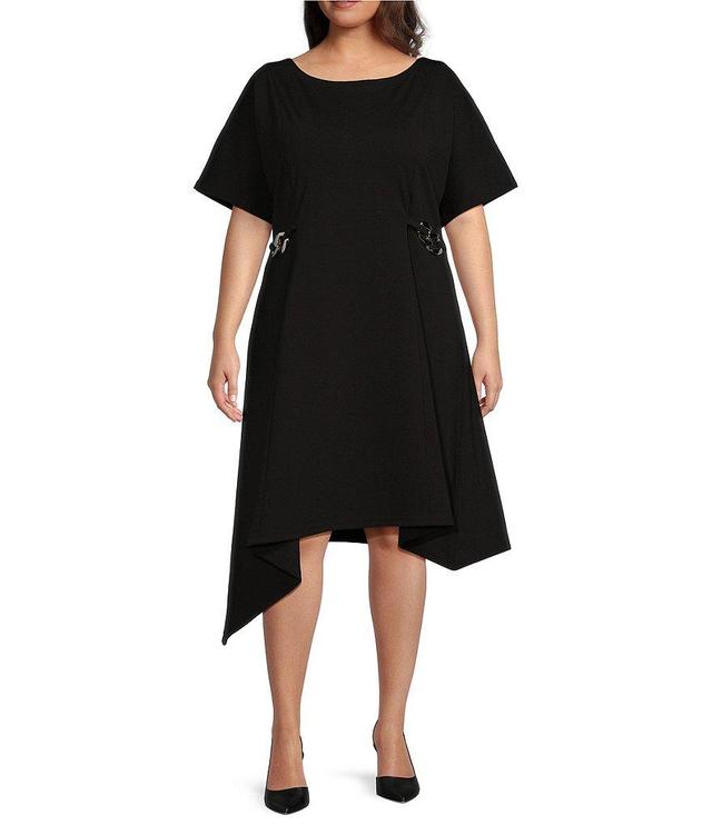 Ming Wang Plus Size Ponte Boat Neck Short Dolman Sleeve Chain Detail Midi A-Line Dress Product Image