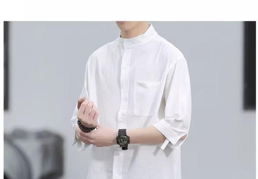 Elbow-Sleeve Plain Pocket Detail Shirt Product Image