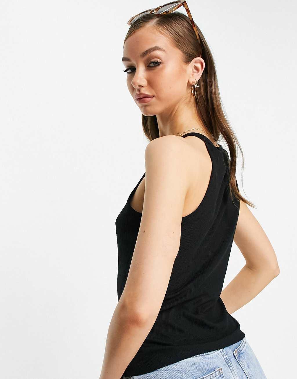 Vila blend ribbed halter neck tank top in black Product Image