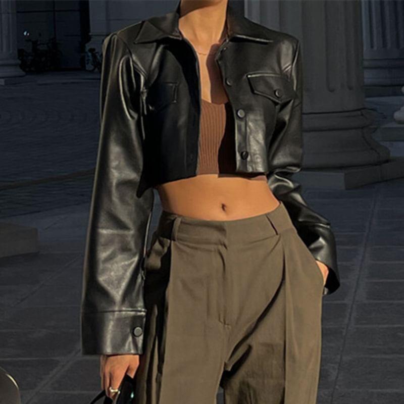 Collar Plain Faux Leather Crop Button Jacket Product Image