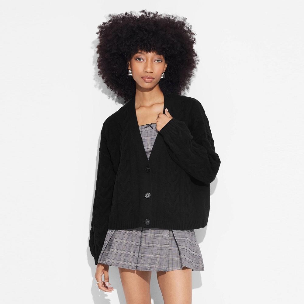 Women's Oversized Cable Sweater Cardigan - Wild Fable™ Black M Product Image