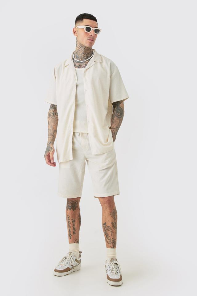 Tall Oversized Linen Drop Revere Shirt & Short Set In Natural | boohooMAN USA Product Image