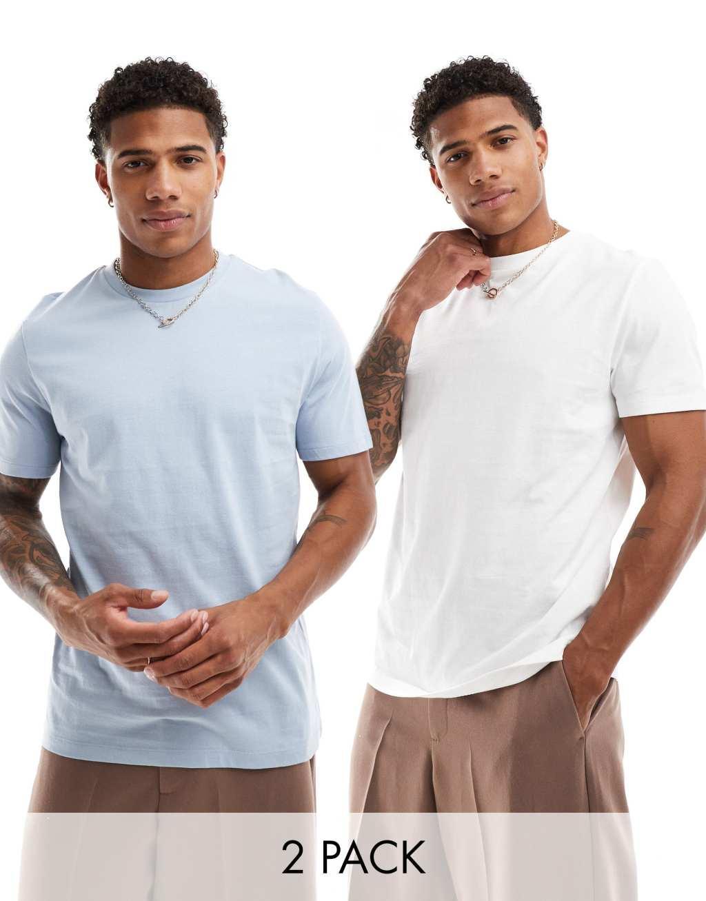 ASOS DESIGN 2-pack crew neck T-shirts in white and light blue Product Image