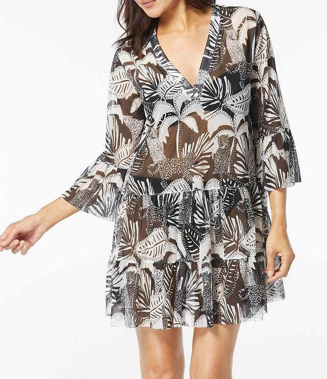 Coco Reef Midnight Jungle Floral Tropical Print Mesh Bell Sleeve Swim Cover-Up Dress Product Image