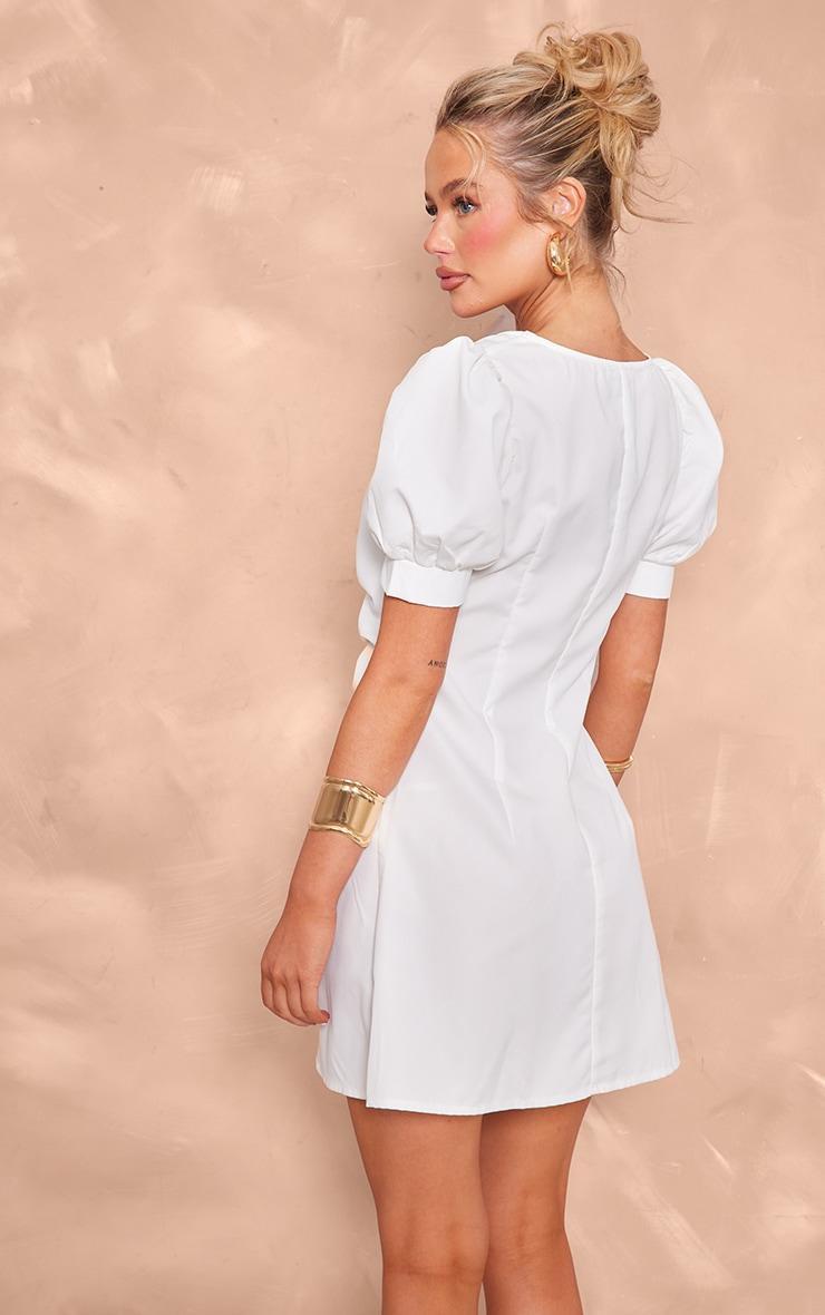 White Cotton Poplin Ruched Button Shift Dress Product Image