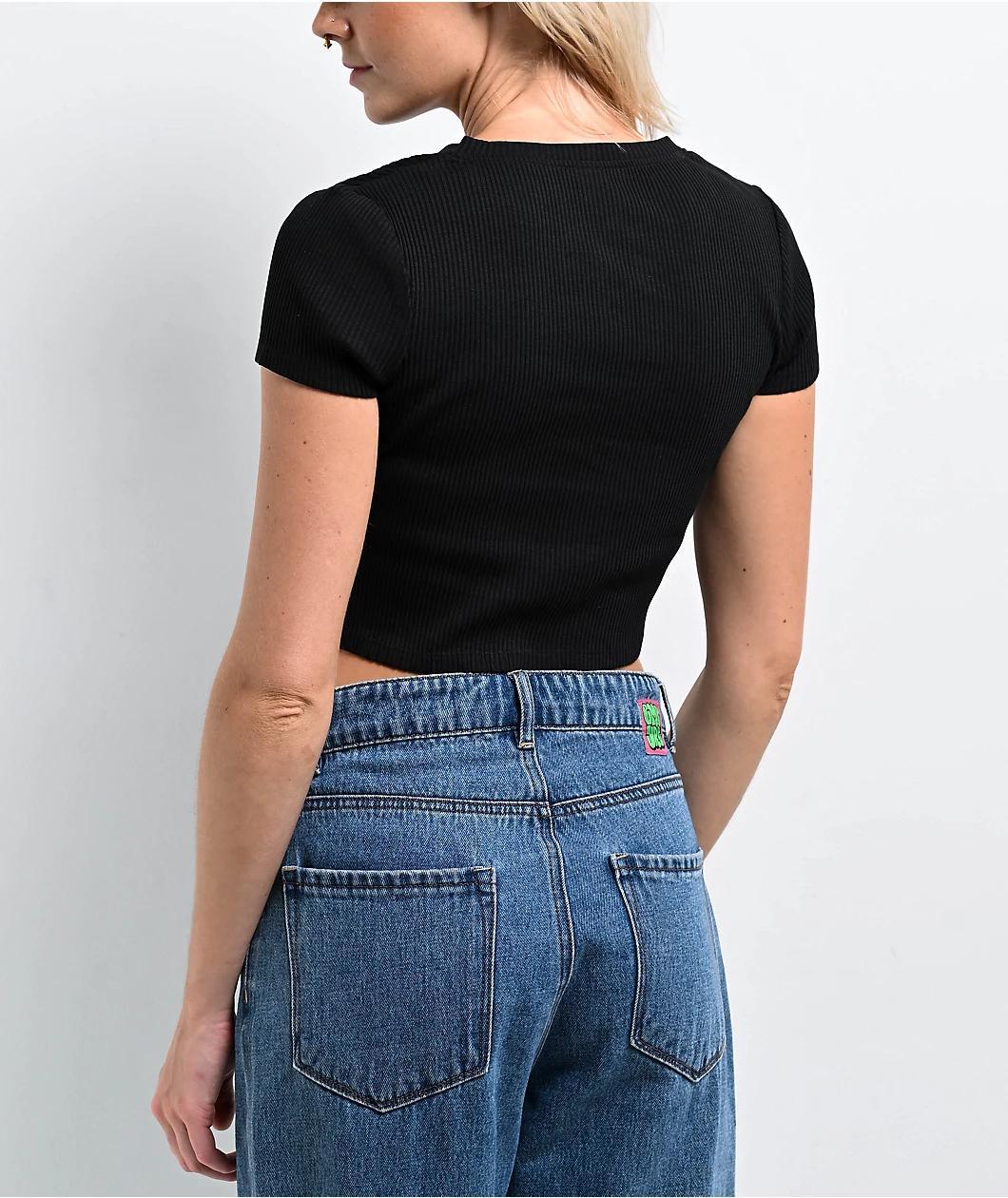 Zine Noreen Black Notched Scoop Neck Crop T-Shirt Product Image