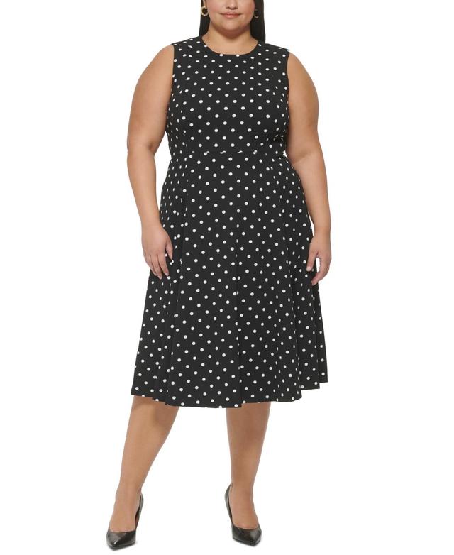 Calvin Klein Plus Size Dotted Print Sleeveless Scuba Crepe Fit and Flare Midi Dress Product Image