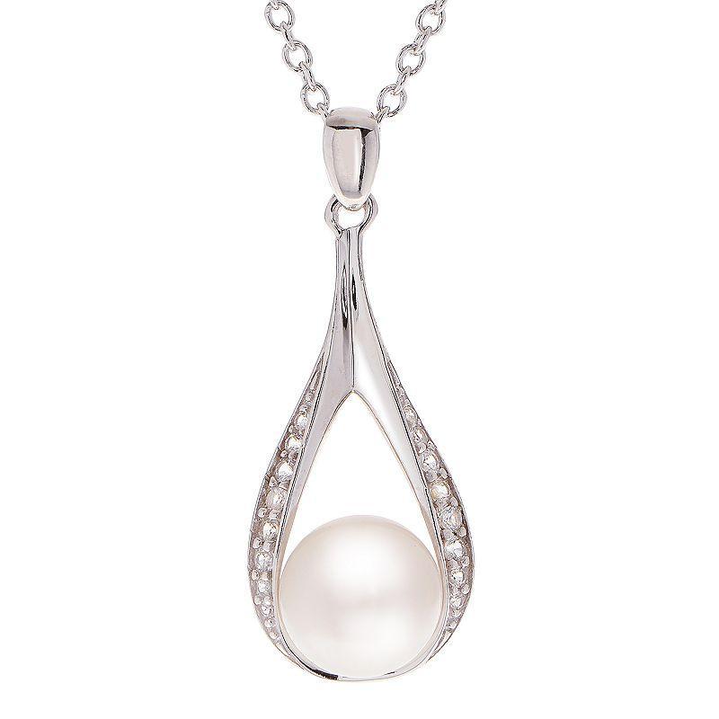 Sterling Silver Freshwater Cultured Pearl and White Topaz Teardrop Pendant, Womens Product Image