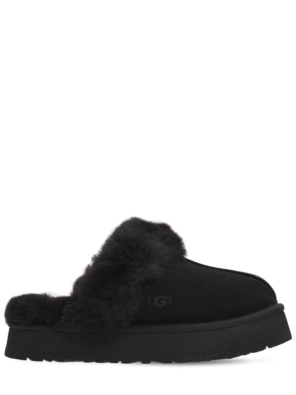 UGG Disquette Black Suede Flatform Slippers Product Image