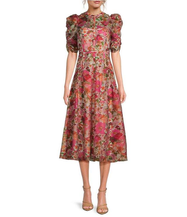 Ted Baker London Woven Tencel Painted Floral Print Round Neck Short Puff Sleeve Midi A-Line Dress Product Image