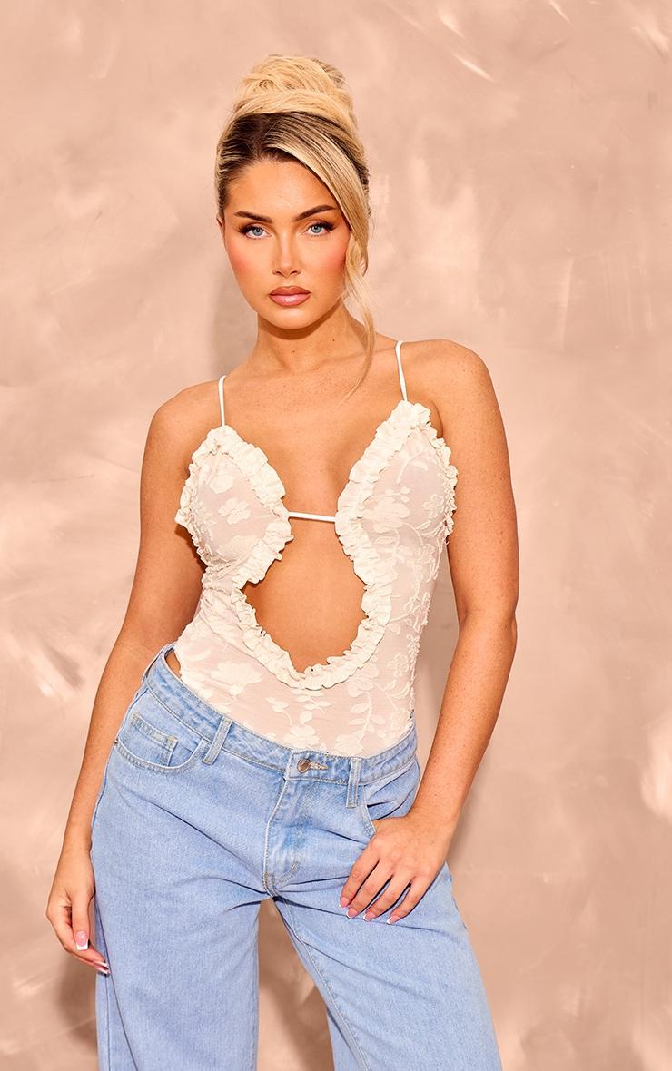 Cream Textured Ruffle Cut Out Detail Bodysuit Product Image