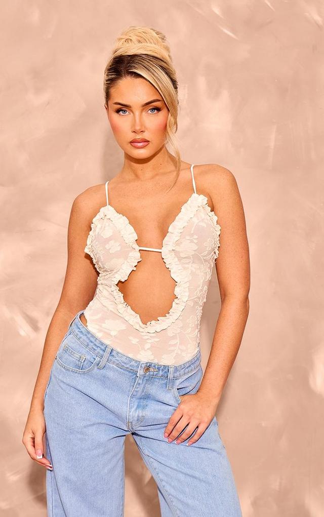 Cream Textured Ruffle Cut Out Detail Bodysuit Product Image