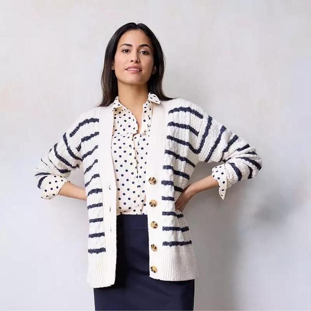 Womens LC Lauren Conrad Cabled Cardigan Sweater Ivory Diana Stripe Product Image