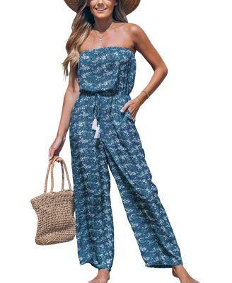 Cupshe Womens Blue Ditsy Tube Top Straight Leg Jumpsuit Product Image