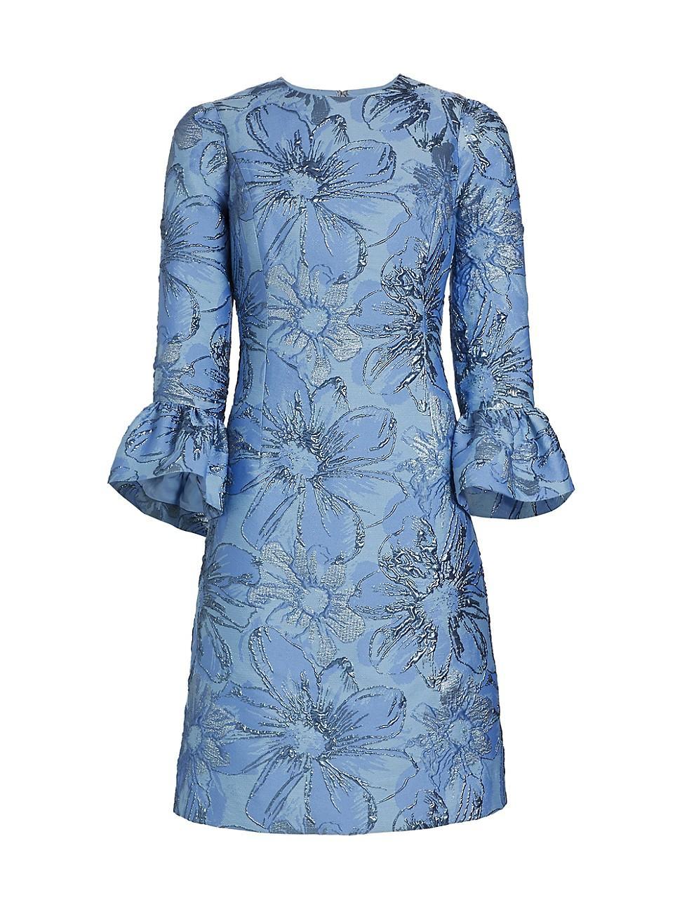 Bell-Sleeve Metallic Floral Jacquard Midi Dress Product Image