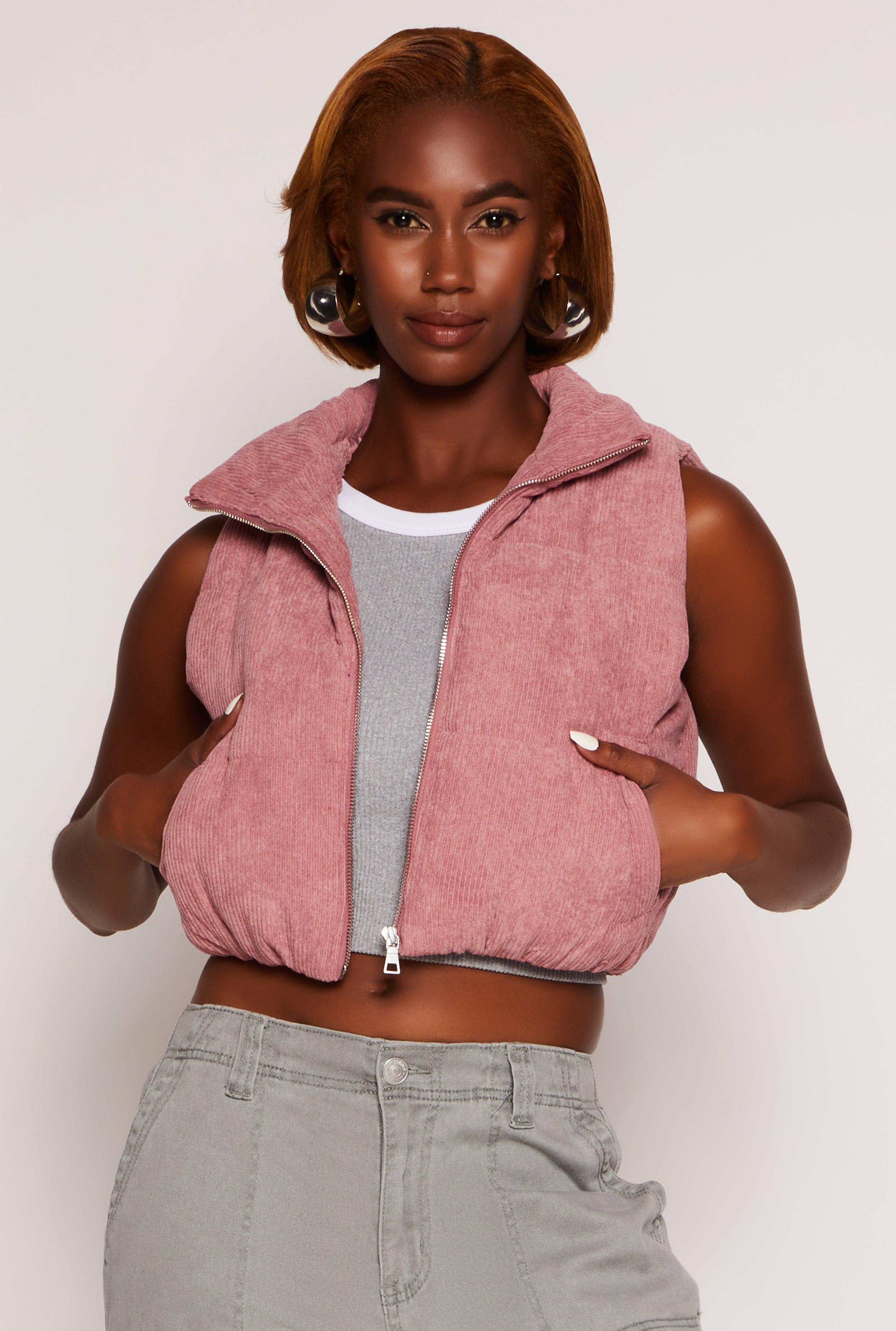 Womens Corduroy Zip Front Cropped Puffer Vest Product Image