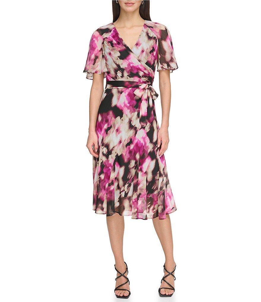 DKNY Surplice V Neckline Short Flutter Sleeve Faux Wrap Midi Dress Product Image