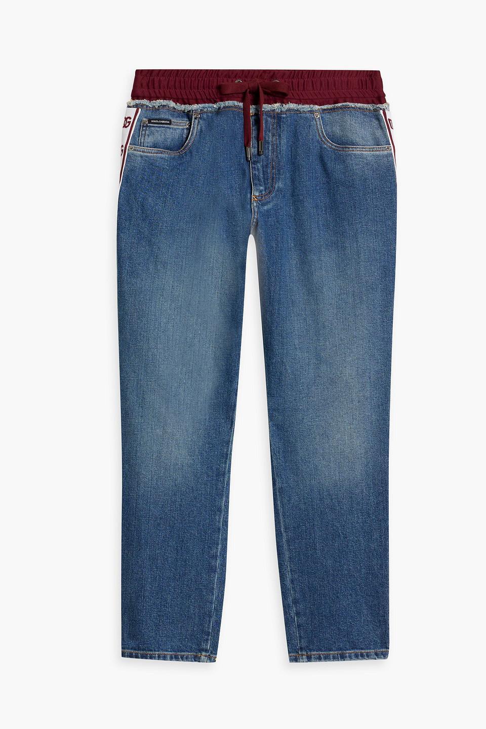 Tapered Jersey-paneled Denim Jeans In Mid Denim Product Image