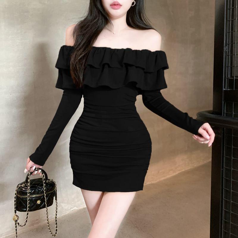 Long Sleeve Off Shoulder Plain Ruffle Ruched Mini Sheath Dress Product Image