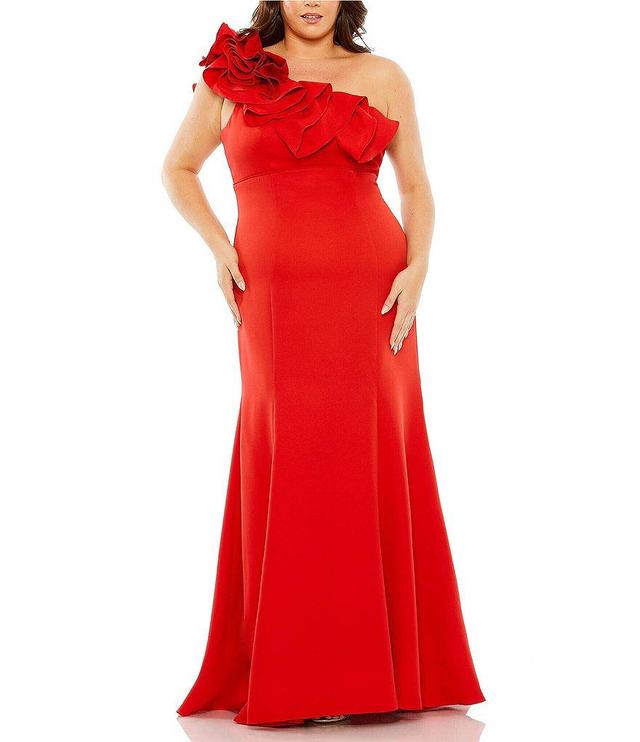 Mac Duggal Plus Size Sleeveless One Shoulder Ruffle Detailed Satin Gown Product Image