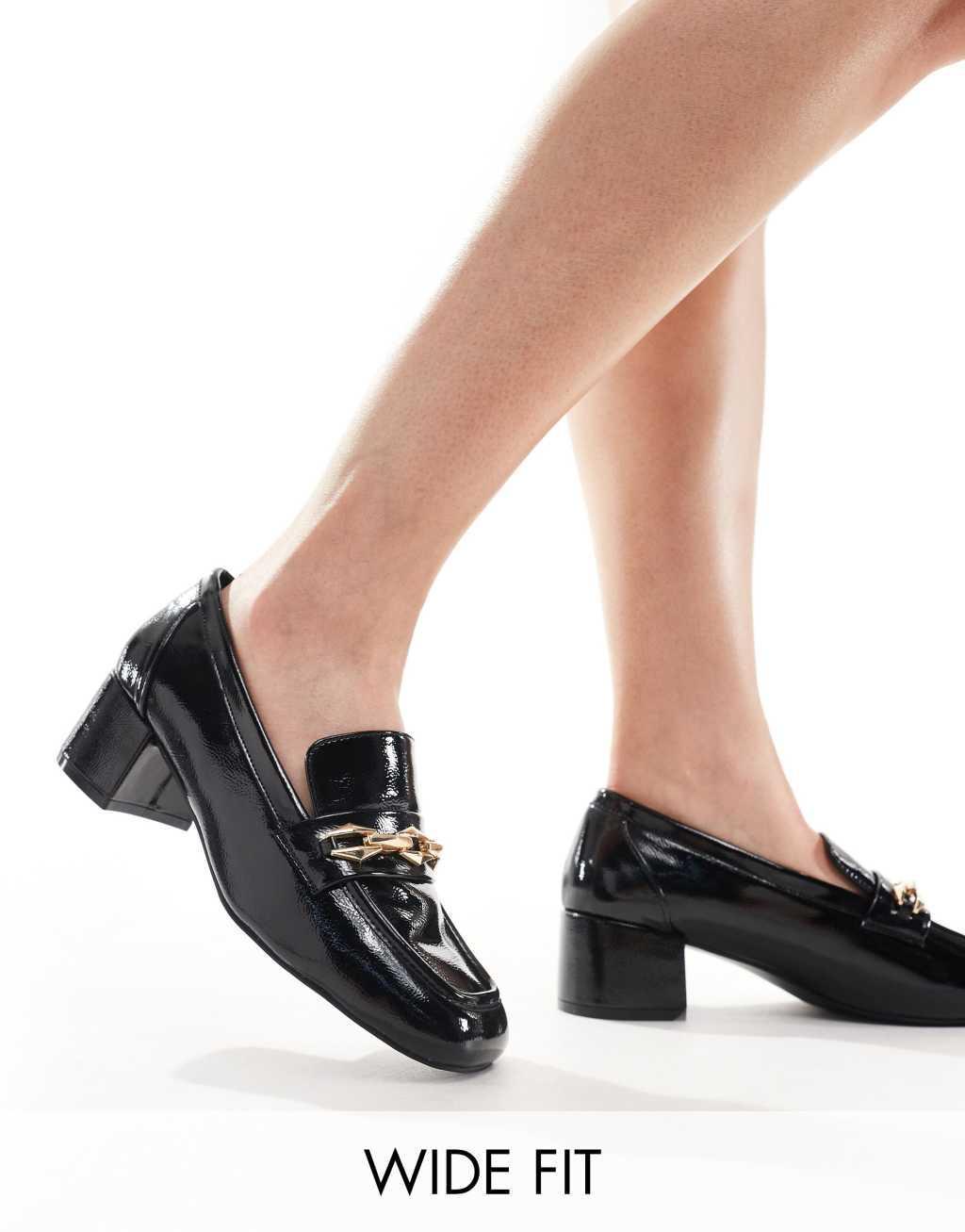 Glamorous Wide Fit heeled loafers in black patent Product Image