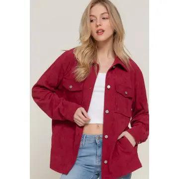 Women's Wine Long Sleeve Front Pocket Button Down Corduroy Jacket Product Image