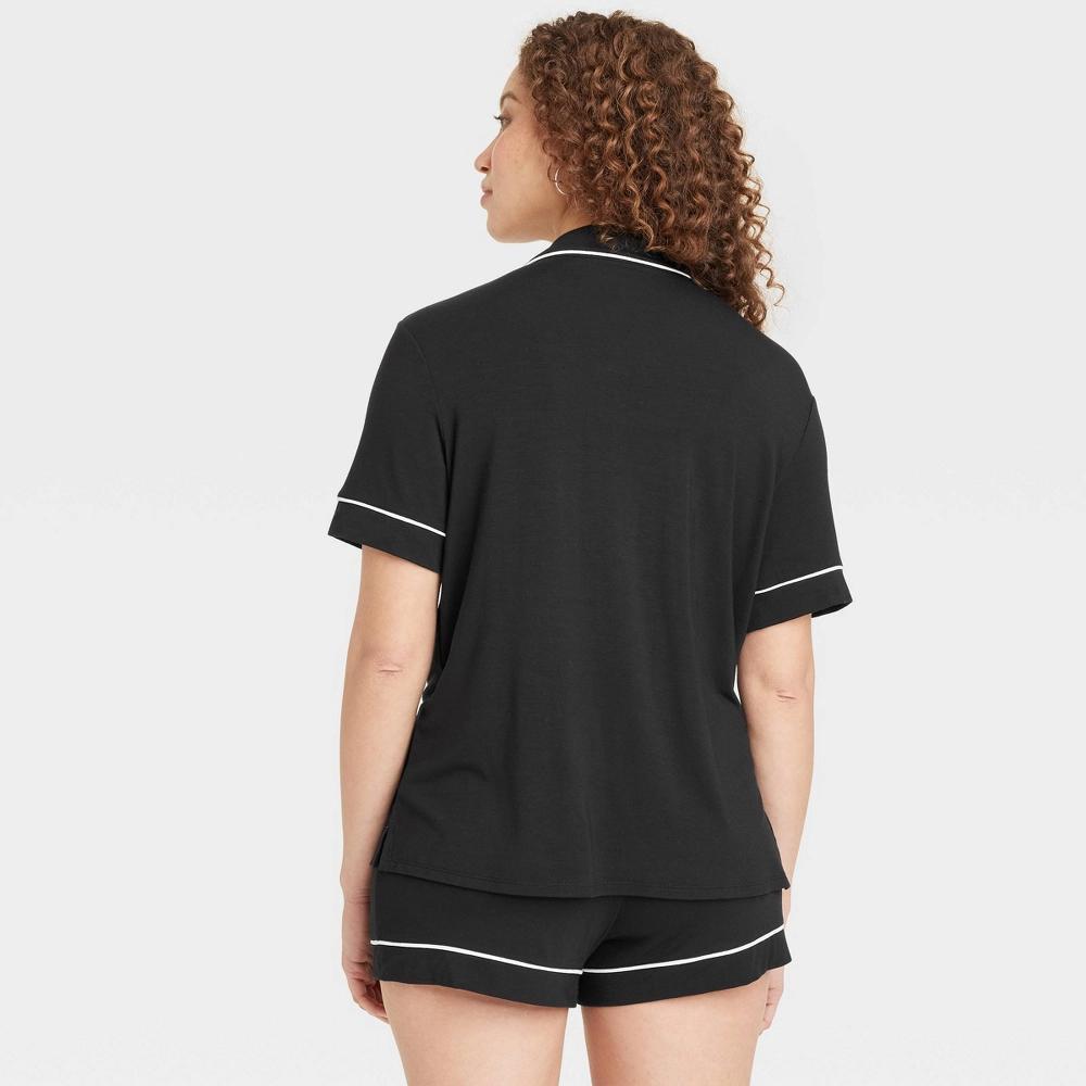 Womens Cloud Knit Short Sleeve Notch Collar Top and Shorts Pajama Set - Auden Black XS Product Image