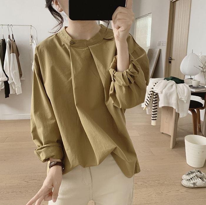 Puff-Sleeve Plain Buttoned Blouse Product Image