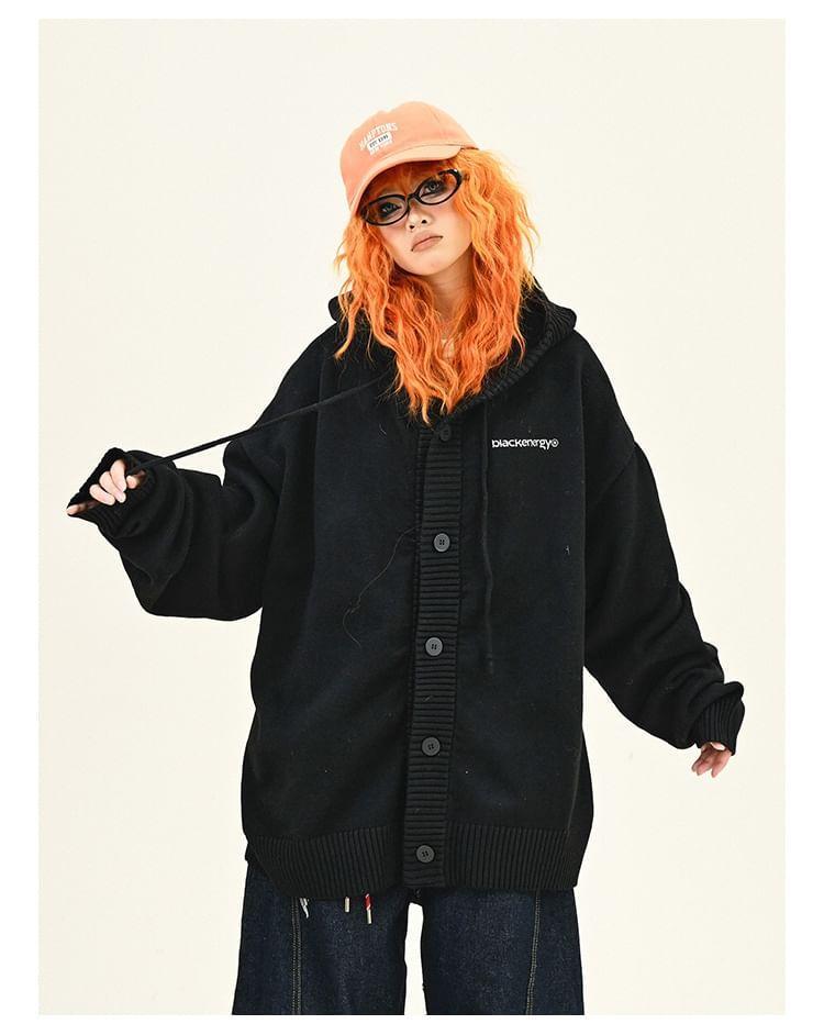 Drop Shoulder Hooded Lettering Button Up Oversized Cardigan Product Image