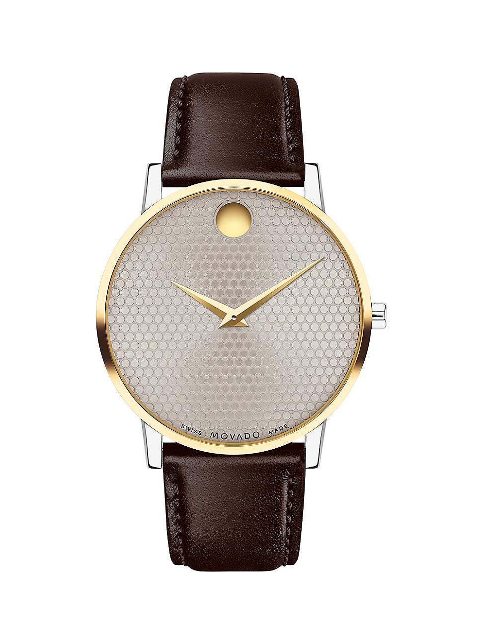 Men's Movado MuseumÂ® Classic Gold-Tone PVD Brown Strap Watch with Dotted Grey Dial (Model: 0607800) Product Image