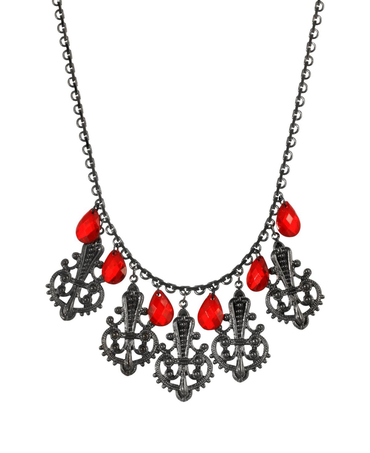 1928 Black Tone Multi-Filigree & Red Briolette Drop Necklace, Womens Product Image