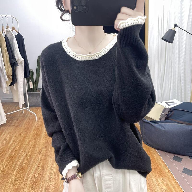 Long-Sleeve Crew Neck Contrast Trim Sweater Product Image