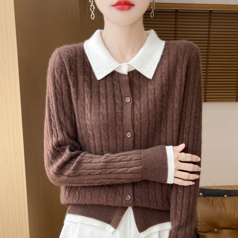 Mock Two-Piece Collared Cable Knit Cardigan Product Image