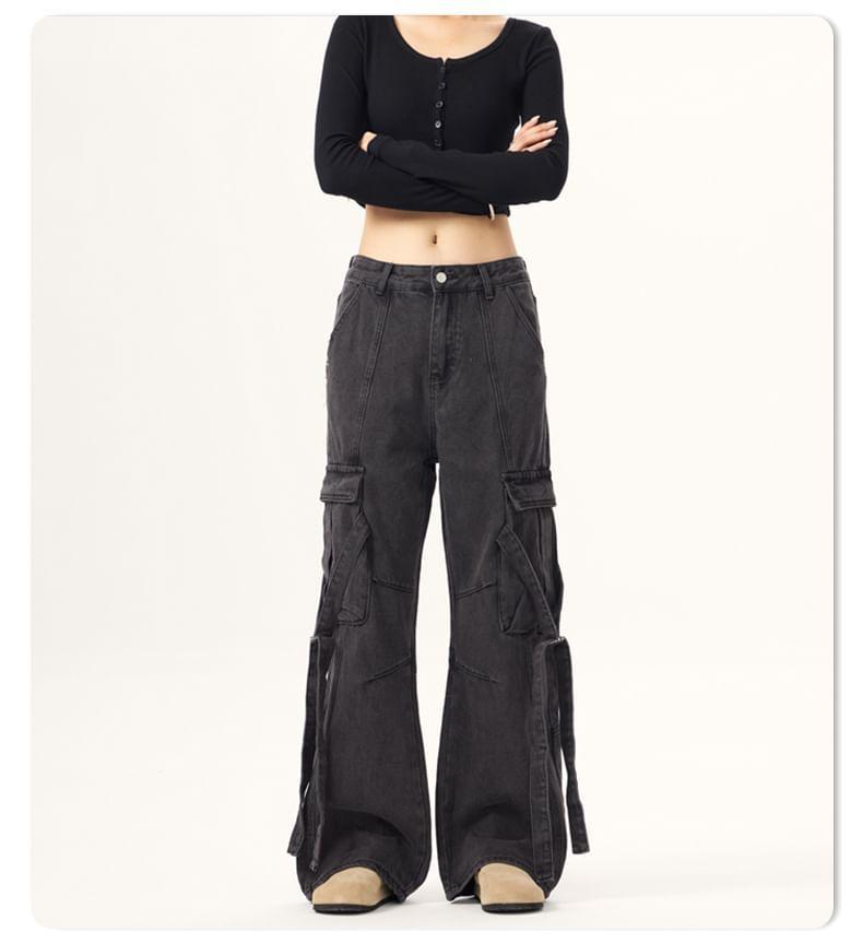 Low Waist Washed Buckled Wide Leg Cargo Jeans Product Image