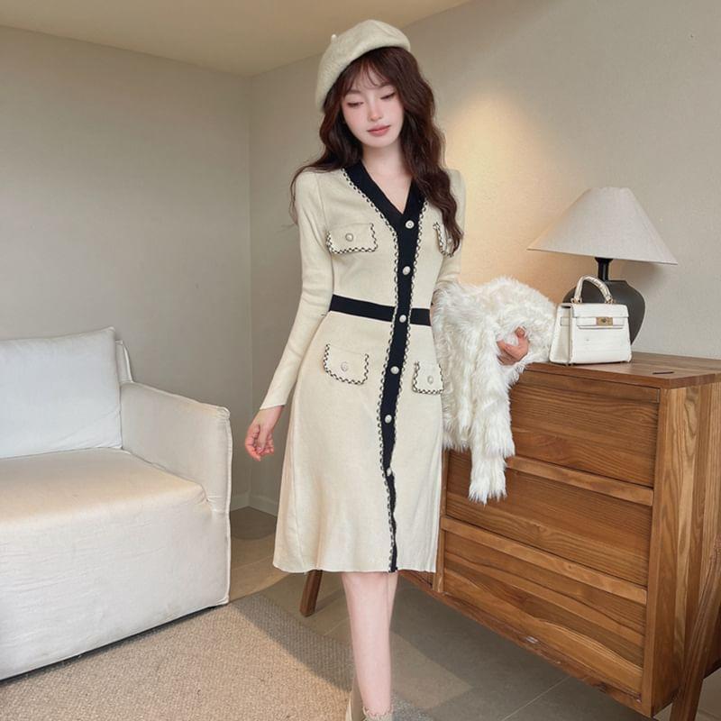 Long-Sleeve V-Neck Contrast Trim Button Sheath Knit Dress Product Image