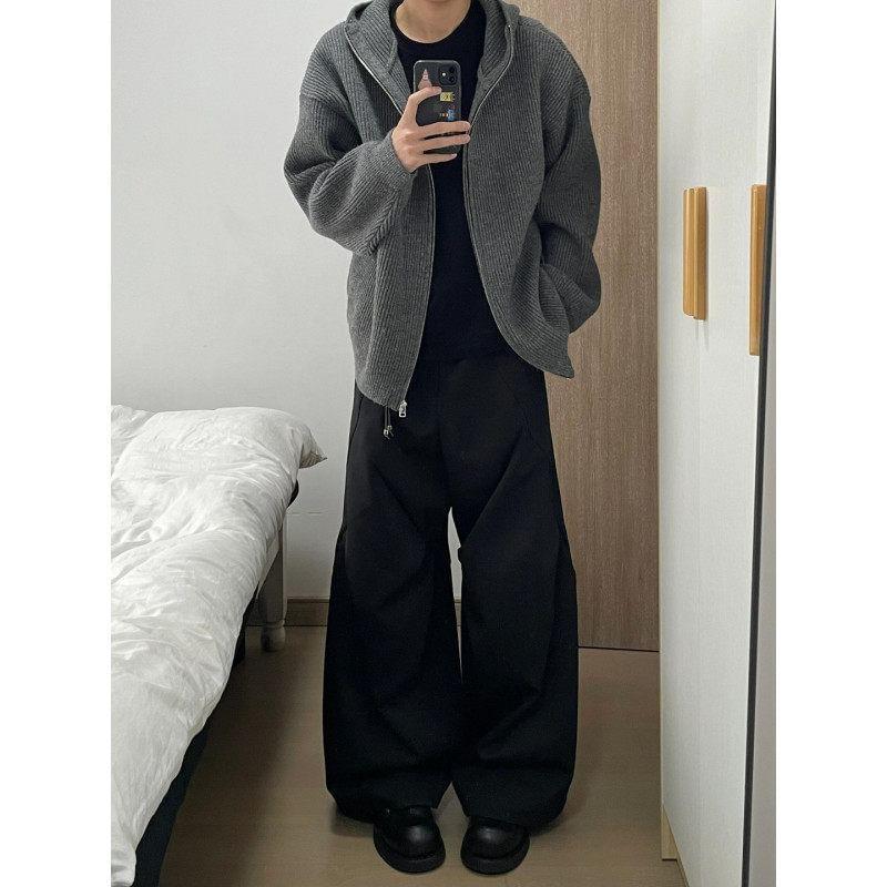 Plain Hooded Ribbed Zip Cardigan Product Image