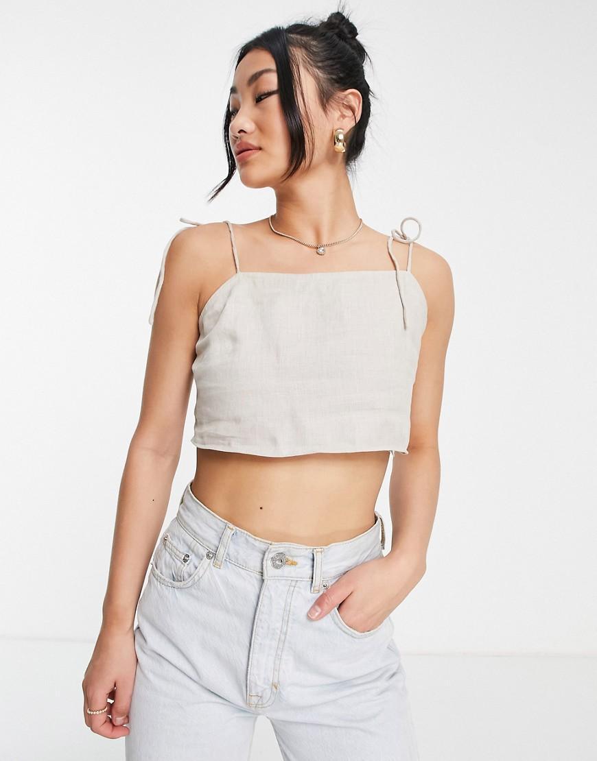 Style Cheat tie shoulder linen cami top in beige - part of a set product image