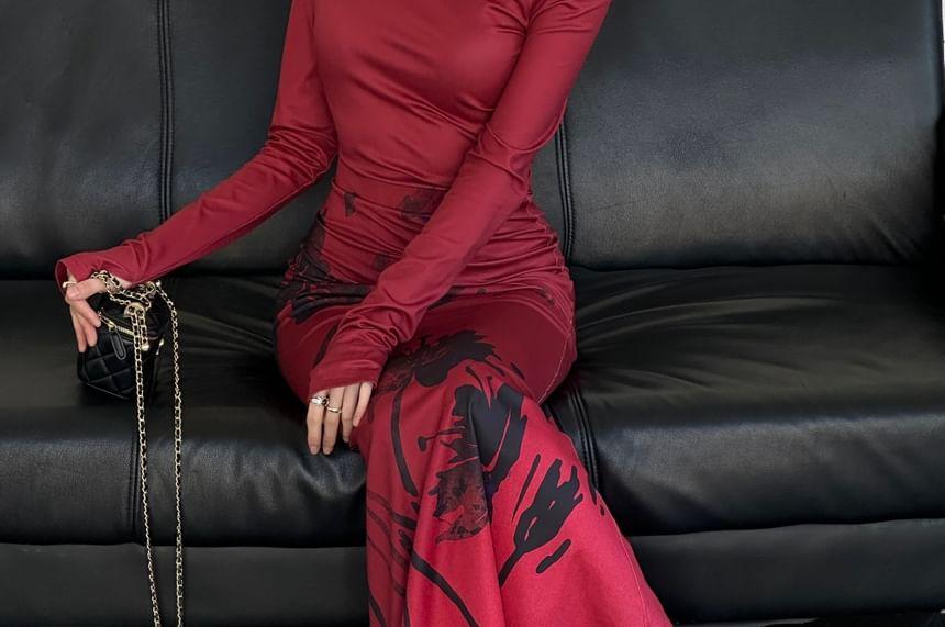 Long Sleeve Off Shoulder Flamed Print Maxi Sheath Dress Product Image