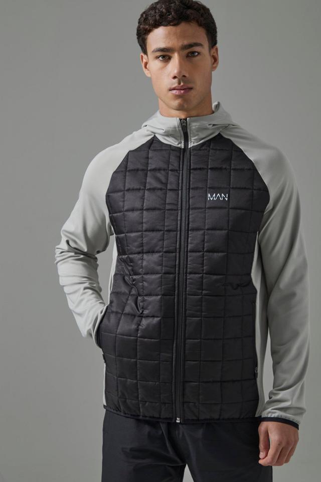 Mens Grey Man Active Check Quilted Zip Through Hoodie, Grey Product Image