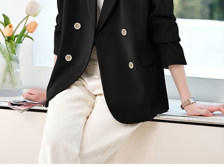 Notch Lapel Plain Double-Breasted Blazer Product Image