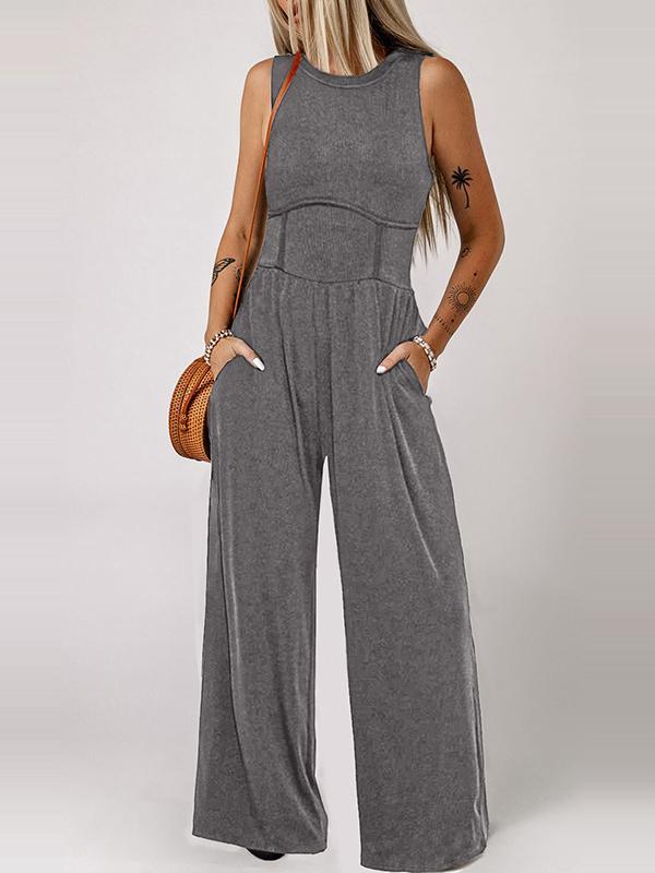 High Waisted Loose Pockets Solid Color Round-Neck Jumpsuits Product Image