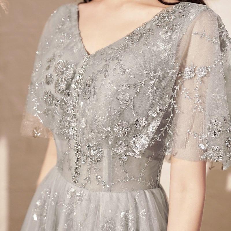 Short-Sleeve V-Neck Sequin A-Line Evening Gown Product Image