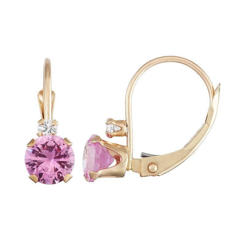 Designs by Gioelli 10k Gold Round-Cut Lab-Created Pink Sapphire & White Zircon Leverback Earrings, Womens Product Image