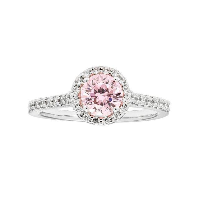 Sterling Silver Pink Cubic Zirconia Round Halo Engagement Ring, Womens Product Image