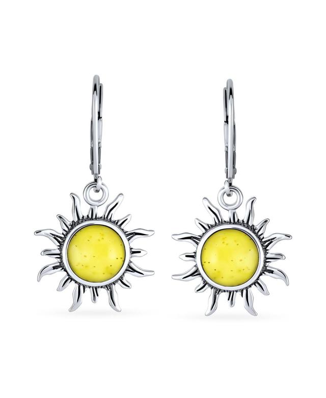 Bling Jewelry Tropical Honeymoon Vacation Beach Sun Rise Lemon Natural Amber Round Sunburst Dangle Drop Earrings For Women Lever back Oxidized Product Image