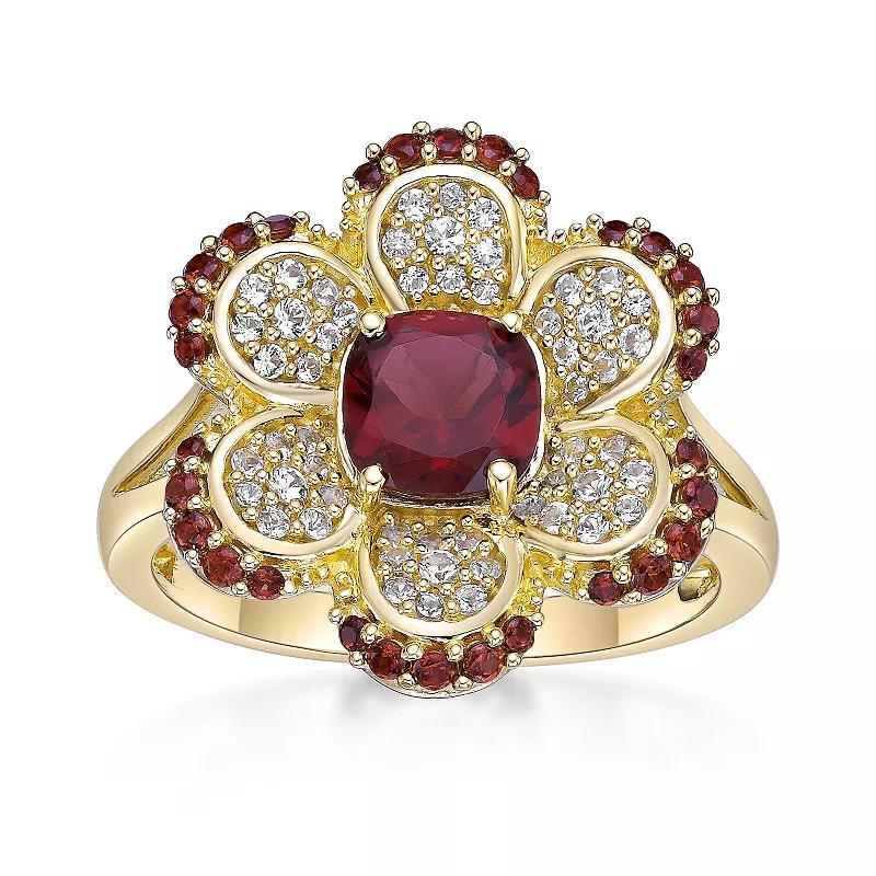 Gemminded 2 Micron Gold Over Silver Garnet & Lab-Created White Sapphire Flower Ring, Womens Gold Tone Product Image